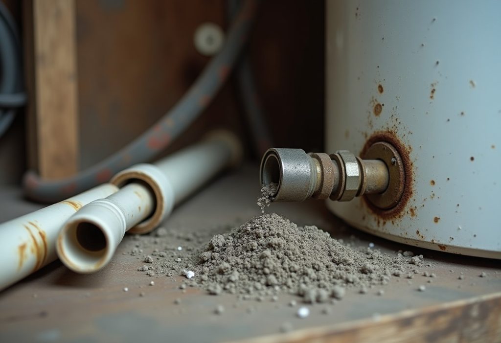 Broken plastic dip tube and sediment removed from a water heater tank