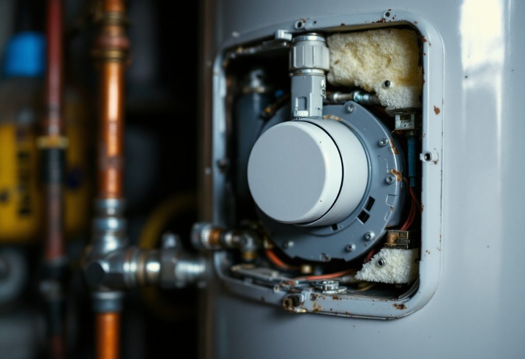 Open access panel on an electric water heater showing the thermostat and element