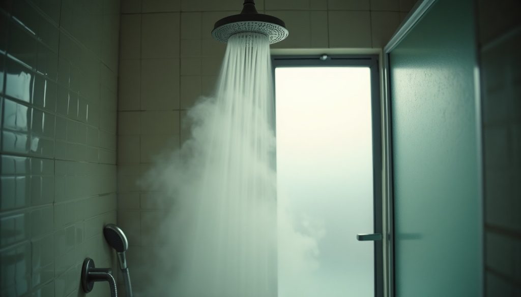 A steaming shower turning to a weaker spray in a tiled bathroom, foggy glass door, soft light, no people, no text