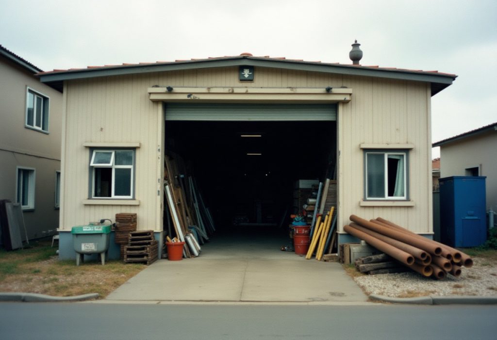 Small workshop with a half-open roll-up door and pipe racks inside