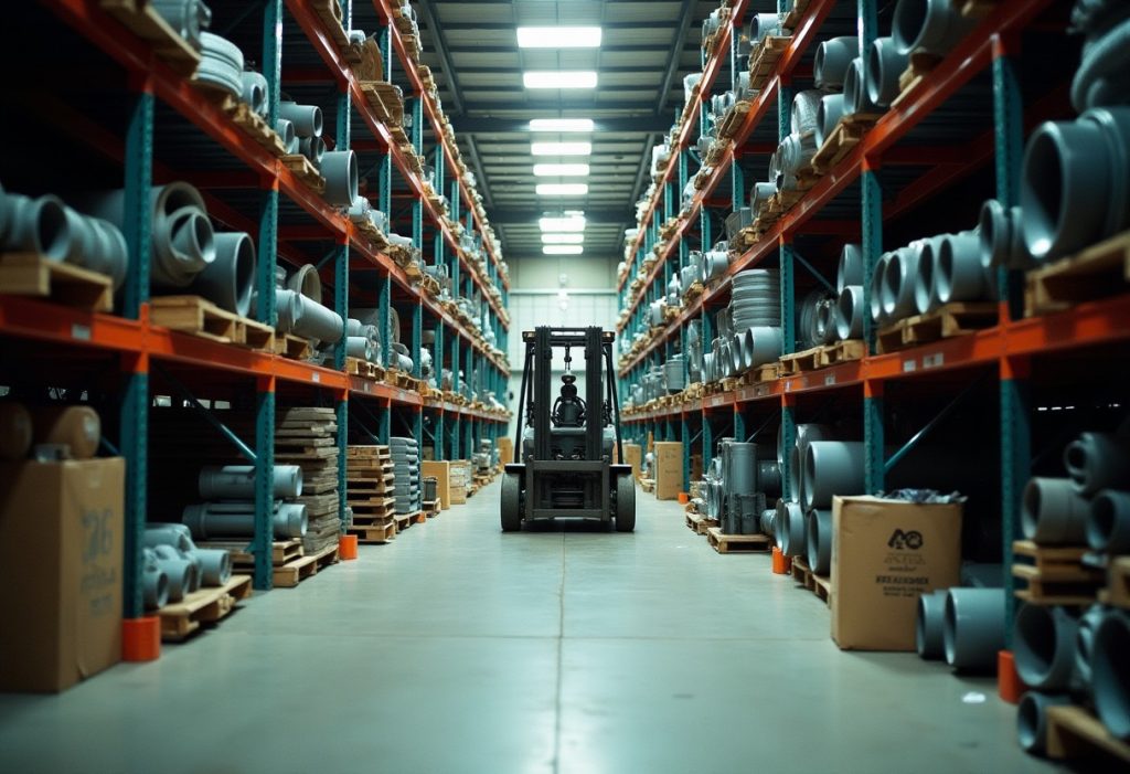 Large contractor warehouse with tall racks of pipe and a forklift