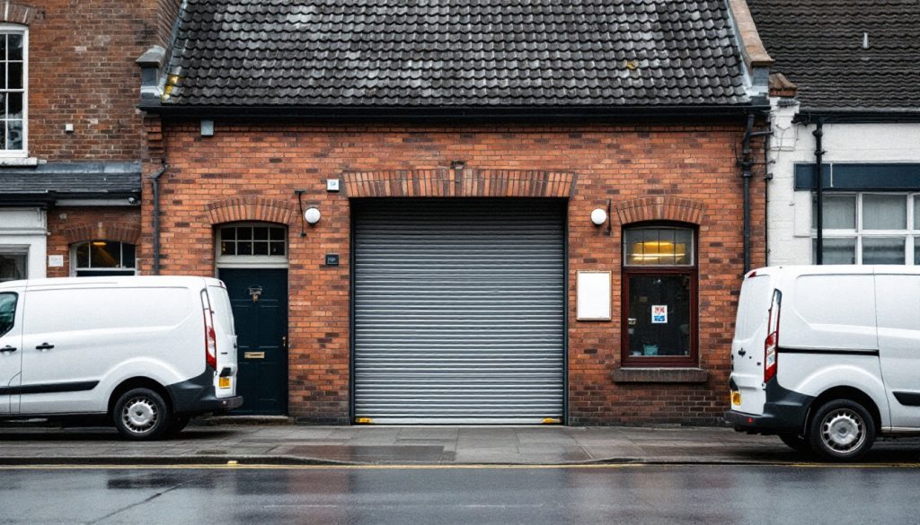 A small brick workshop with a roll-up door and two white vans parked outside