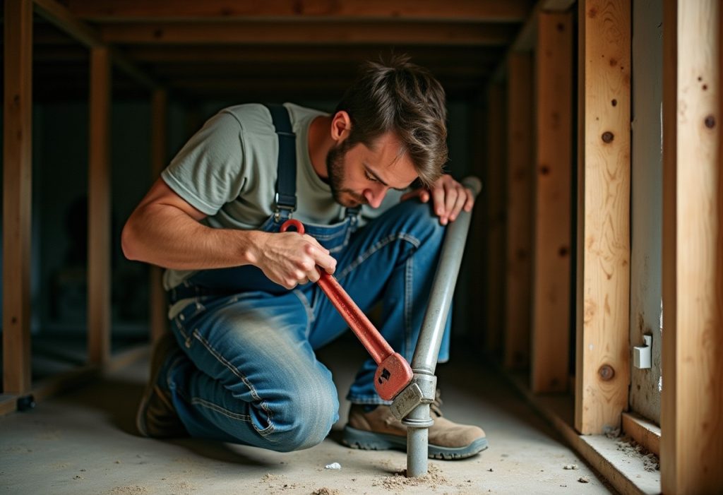 Plumber twisted in a tight crawlspace gripping a wrench on a pipe joint.