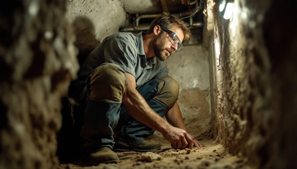A plumber in knee pads and safety glasses working on pipes in a cramped dusty crawl space lit by a work light