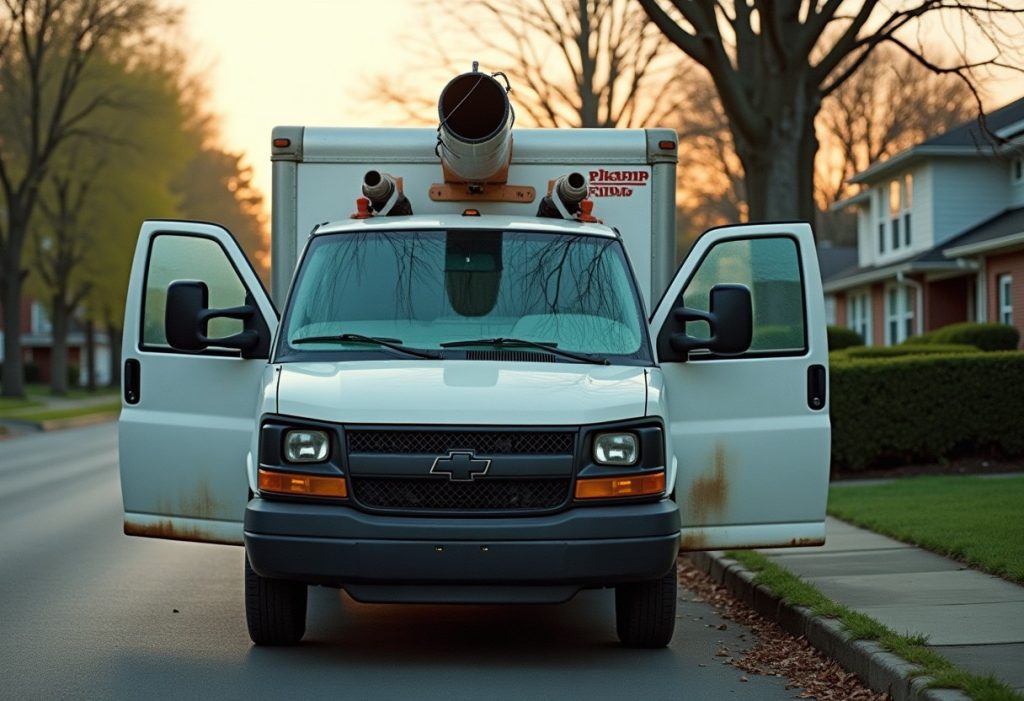 Plumbing van parked at dawn with doors open and ladder and pipe loaded inside.
