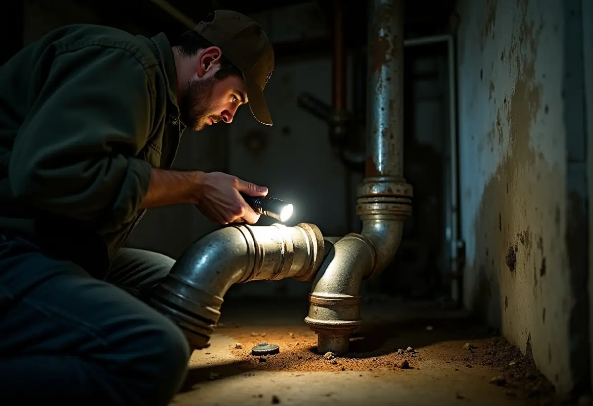 Plumber inspecting corroded galvanized pipe with flashlight in a basement