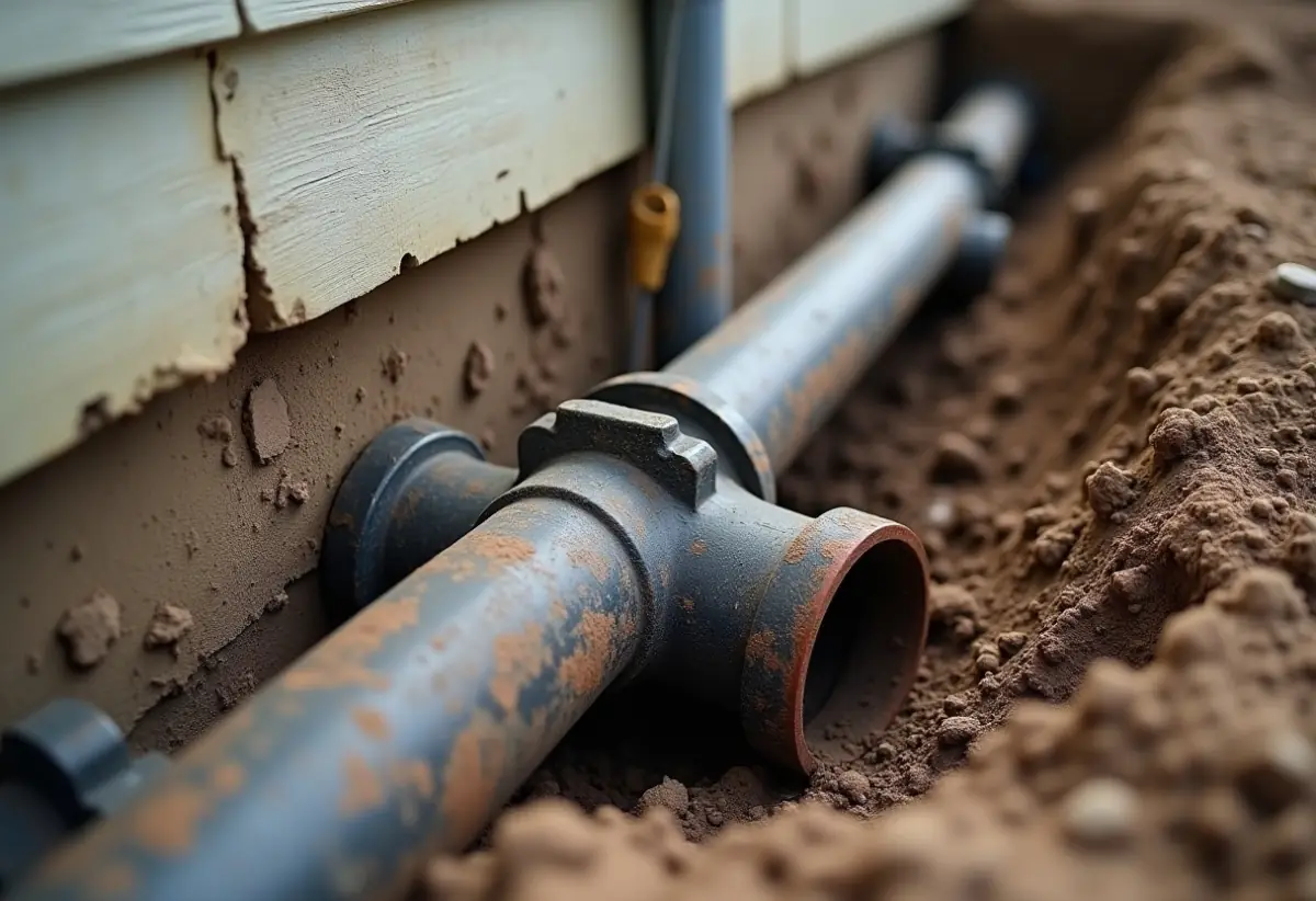 Cast iron and clay sewer pipe sections exposed in a dug trench