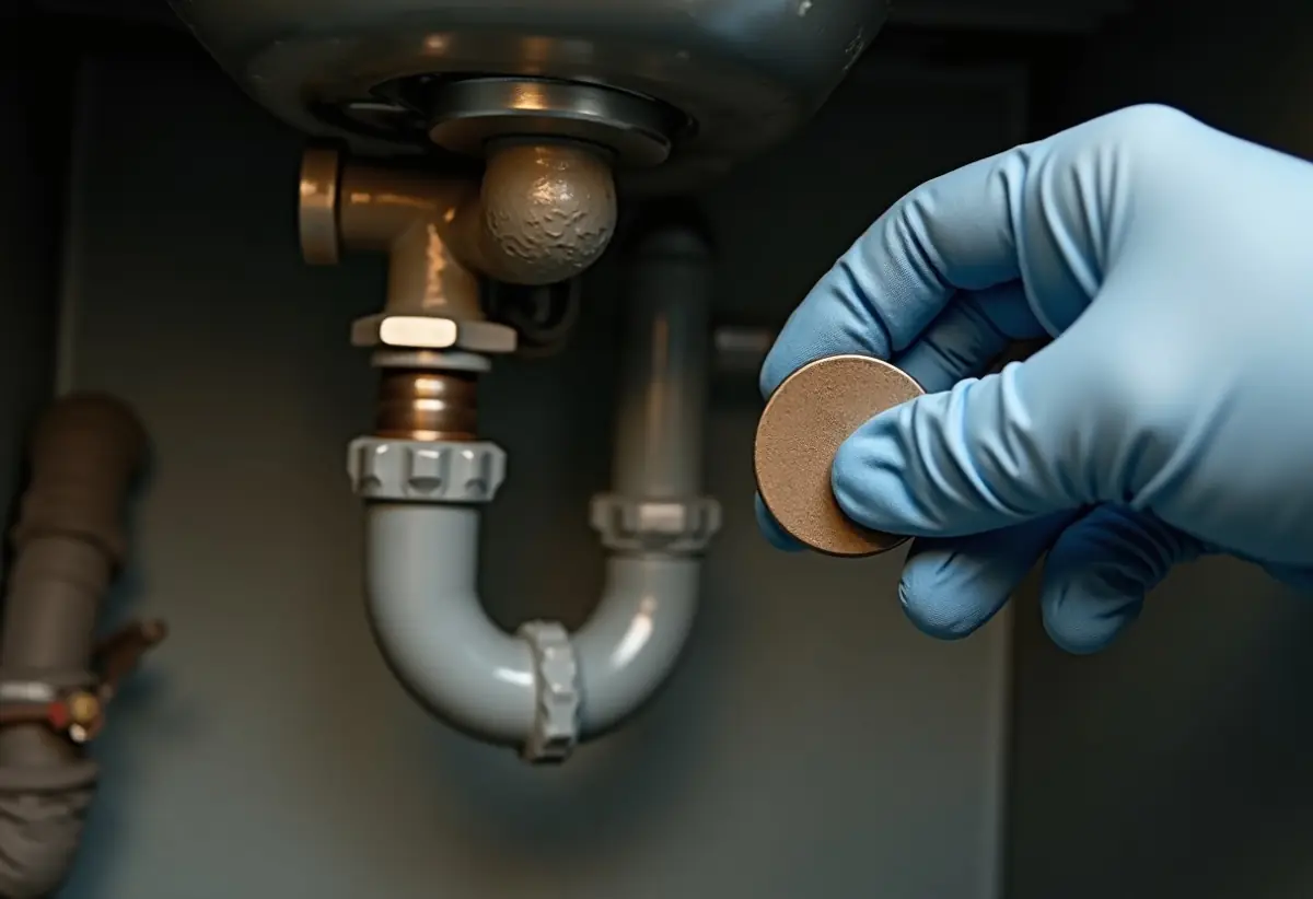 A magnet held against an exposed pipe under a kitchen sink