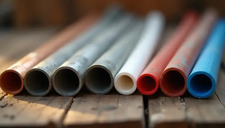 Short sections of different plumbing pipe materials arranged side by side on weathered wood: copper, galvanized steel, c