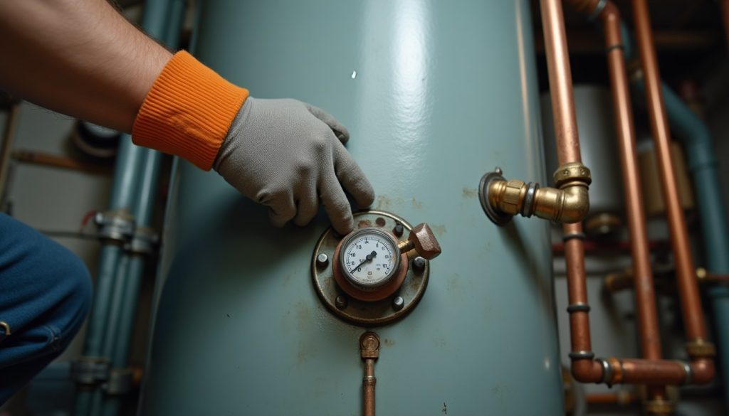 Gloved hands inspect worn copper pipes and valve on a corroded, condensation-covered water heater tank.
