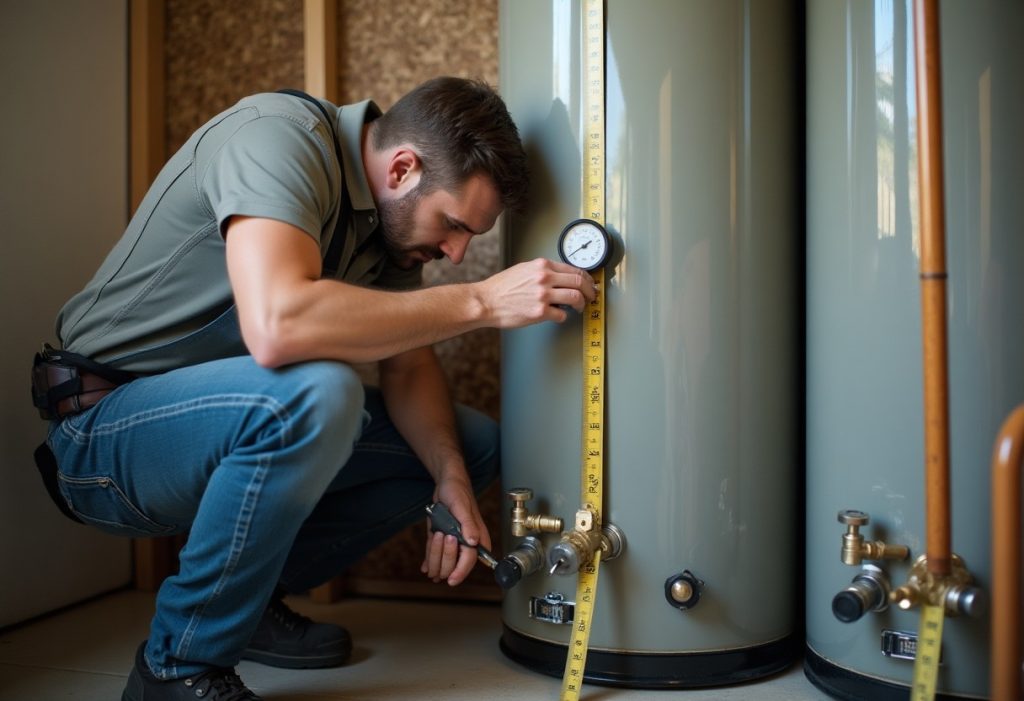 Plumber measuring a water heater tank and checking pipe fittings with a gauge