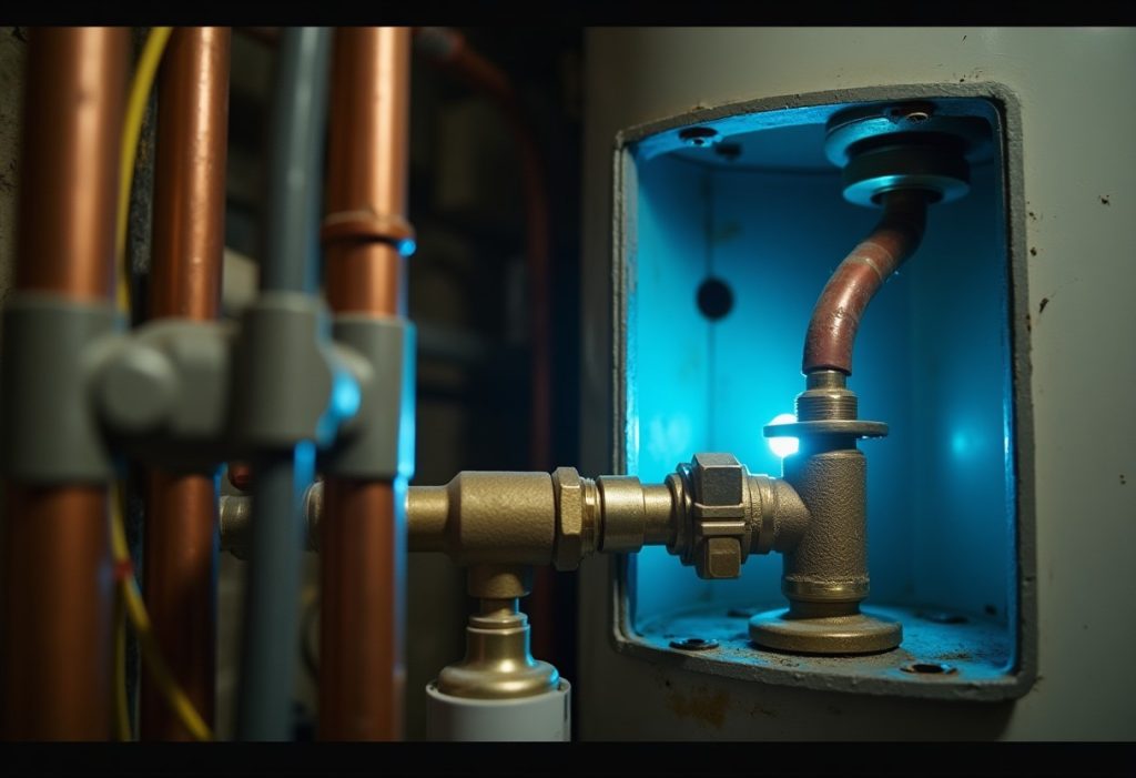 Gas water heater with burner access panel open showing blue flame through sight glass