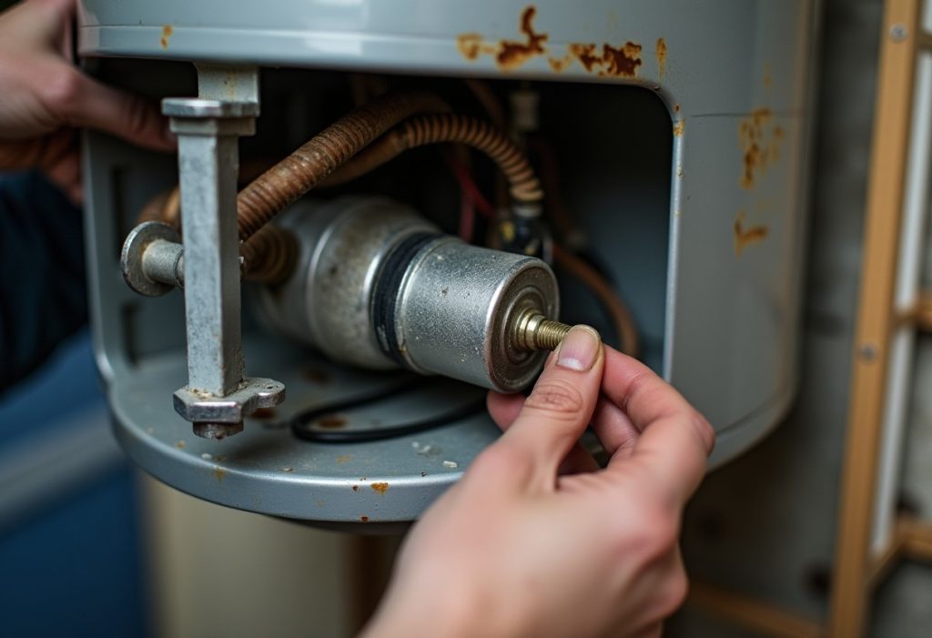 Technician removing access panel to show sediment on an electric water heater element