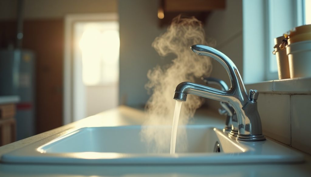 Steam rising from hot water running into a white kitchen sink from a chrome faucet, early morning light, a water heater