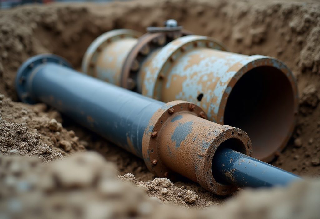 Old corroded cast iron pipe next to new PVC pipe in an open trench