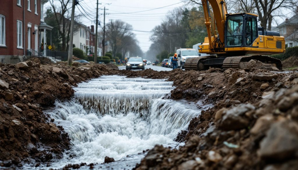A large broken water main gushing water in an excavated street with a backhoe nearby