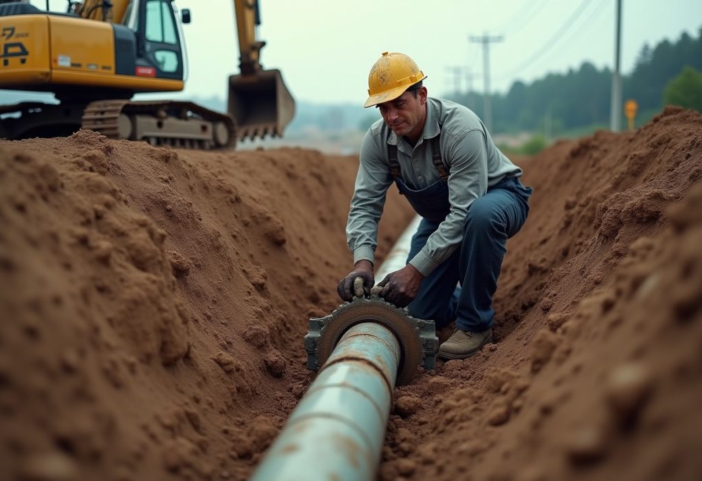 Worker cutting a cracked water main pipe inside a muddy excavation pit
