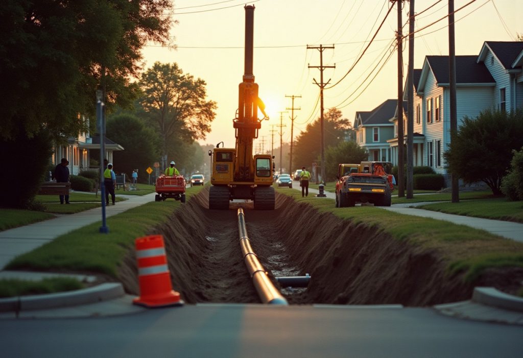 Crew lowering new pipe into a trenched street repair site at dawn