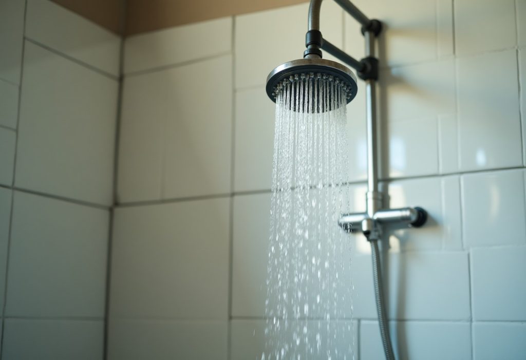 Water streaming from a showerhead at full flow in a tiled shower stall