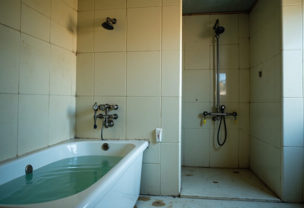 Full bathtub beside a tiled shower stall with a dripping showerhead