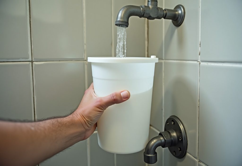 Hand holding a one-gallon container under a running showerhead to catch water