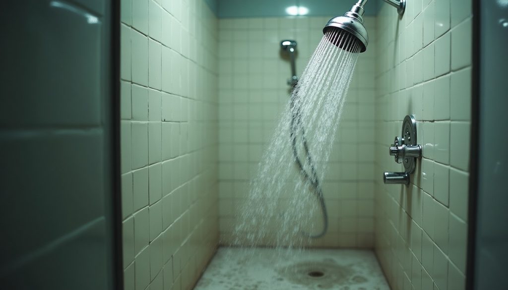 A chrome rain shower head spraying water in a tiled shower stall, droplets frozen mid-air in side light, water pooling a