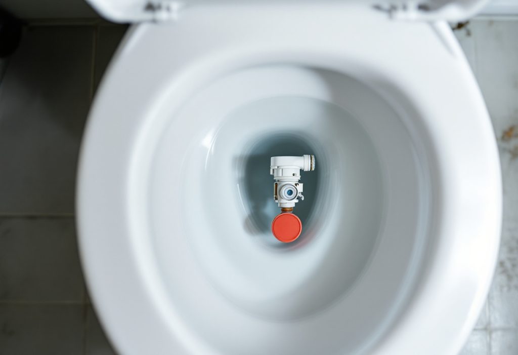 Inside an open toilet tank showing the fill valve and flapper