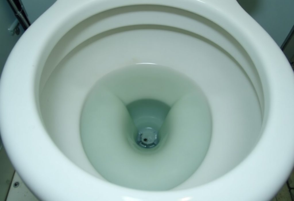 Water swirling down a modern toilet bowl during a flush