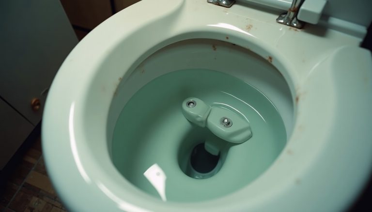 Inside view of a toilet tank with the lid off, clear water, a plain flapper and fill valve, photographed from above in s