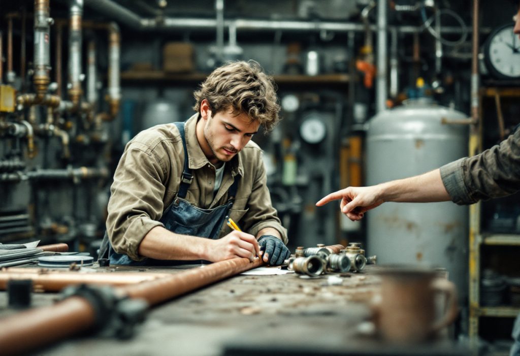 Apprentice measuring copper pipe on a workbench in a trade school shop