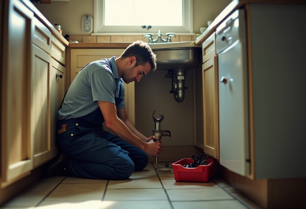Plumber fitting a sink trap with a wrench under a kitchen counter