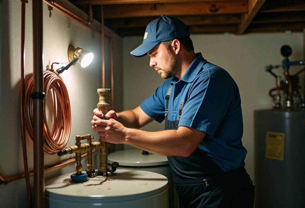 Plumber adjusting a water heater valve in a basement utility room