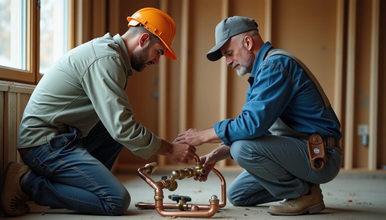 A plumbing apprentice and a veteran plumber working side by side fitting copper pipe on a residential job site, shot fro