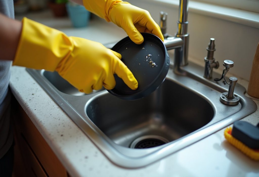 Gloved hands lifting a greasy rubber splash guard from a sink drain
