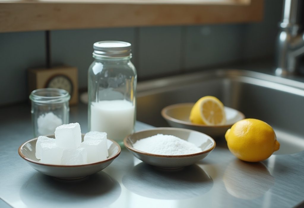 Ice, rock salt, baking soda, vinegar and lemon arranged near a kitchen sink