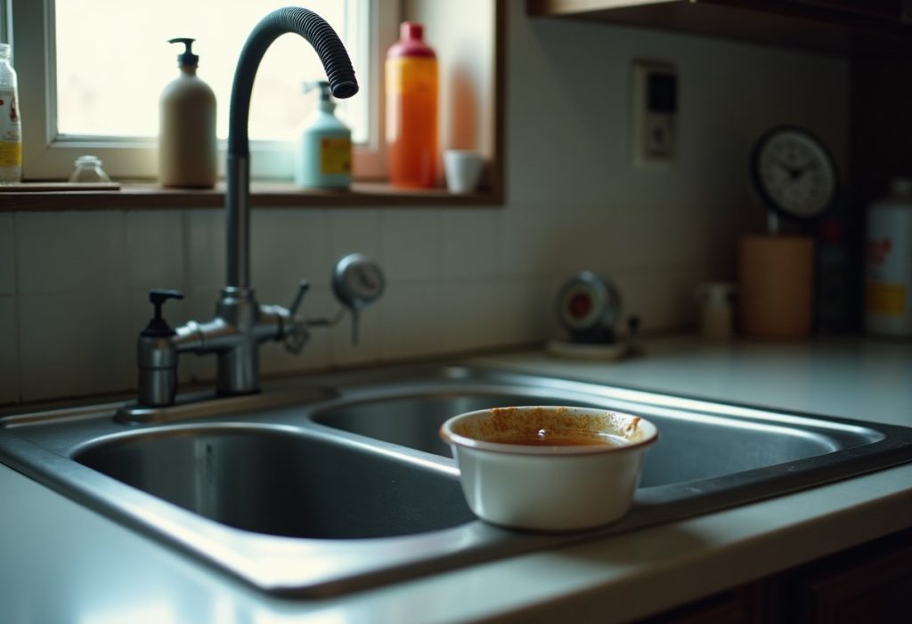 Bowl of congealed cooking grease beside a kitchen sink disposal