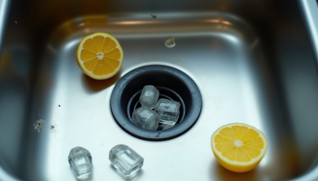 Close view down into a stainless steel kitchen sink drain opening with a black rubber splash guard, a few ice cubes and