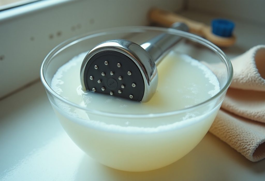 Chrome shower head soaking nozzle-down in a bowl of vinegar solution beside a toothbrush