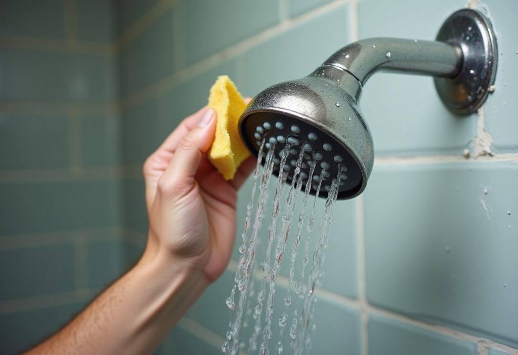 Hand wiping a wet shower head face with a damp sponge on tiled wall