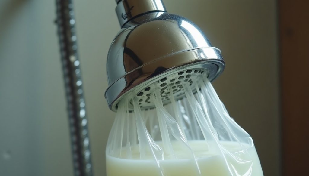 A chrome shower head soaking in a clear bag of white vinegar tied around it with a rubber band, mineral buildup visible