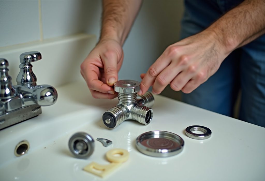 Disassembled shower valve parts and new cartridge on a countertop