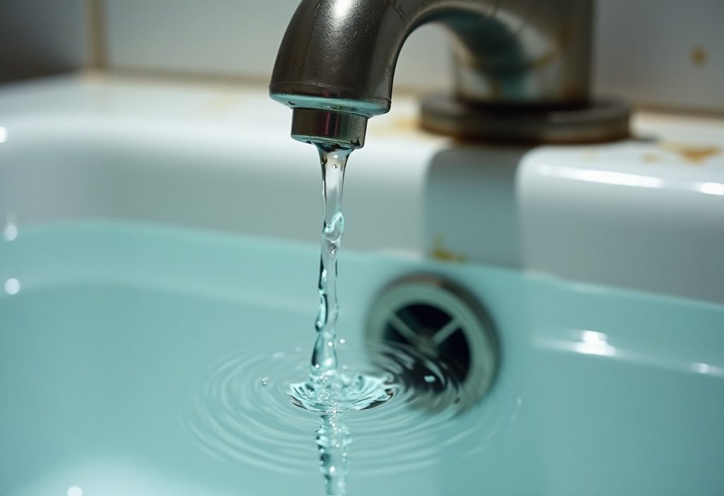 A single water drop falling into a bathtub from a leaking faucet