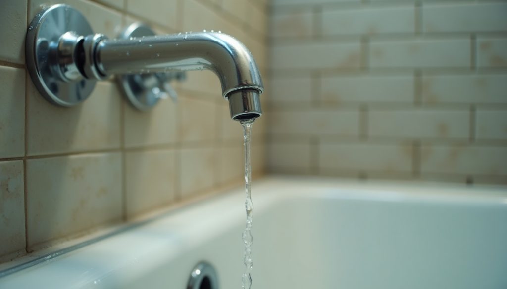 Water dripping from a chrome tub spout and shower valve handle in a tiled shower, a single drop caught mid-fall, side li