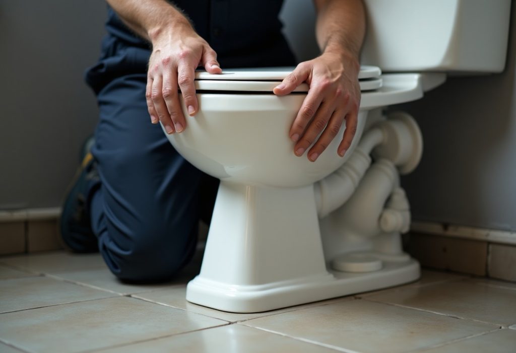 Plumber kneeling beside toilet, testing floor firmness and rocking the bowl base