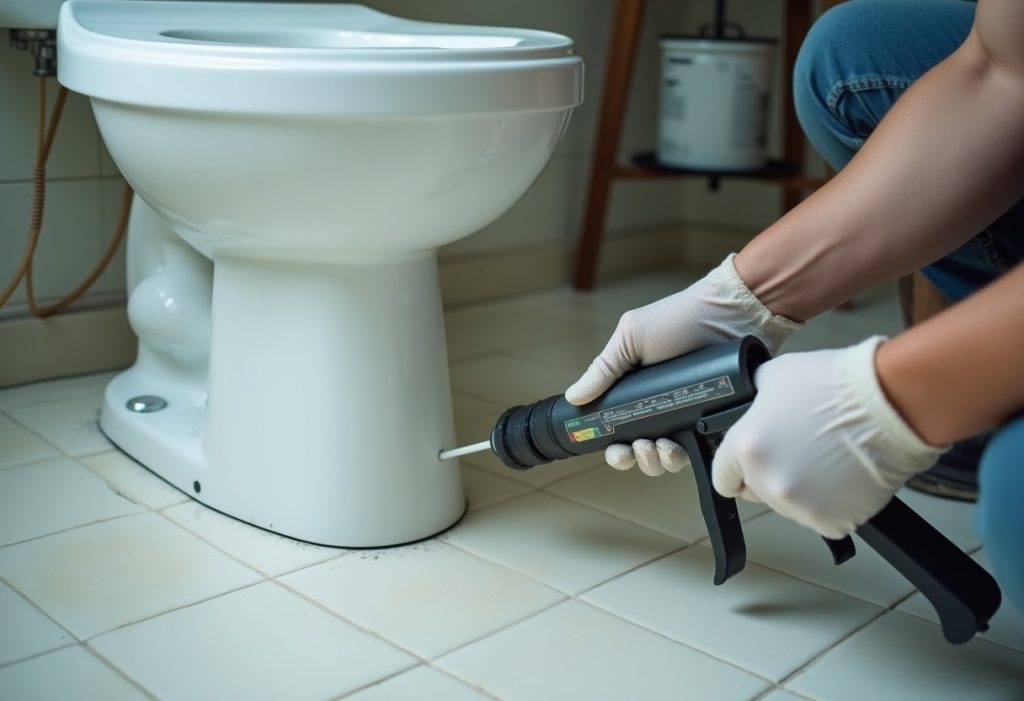 Hands applying silicone caulk around the base of a toilet on tile floor
