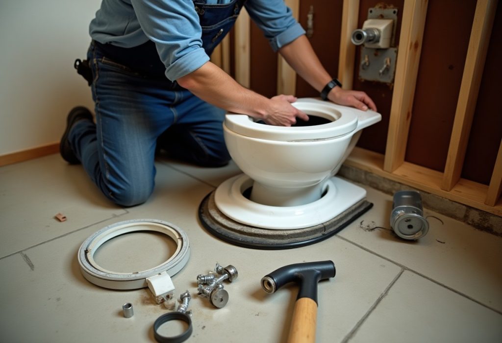 Plumber kneeling beside removed toilet with wax ring, bolts, and flange exposed