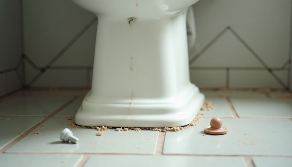 Close-up of the base of a white toilet on a tile floor with a plastic toilet shim and loose bolt caps beside it, soft ba