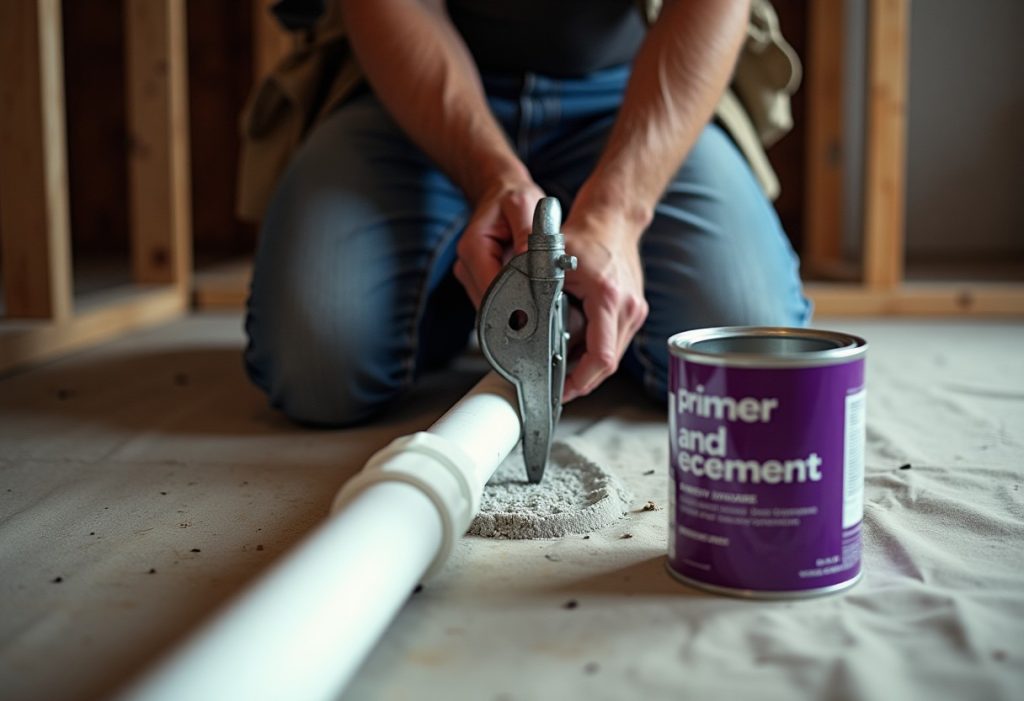 Plumber using a ratcheting cutter to cut PVC pipe square on a drop cloth
