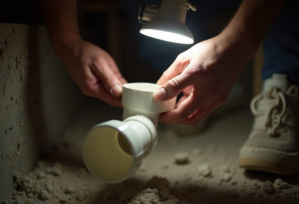 Hands pushing primed PVC pipe into fitting with cement visible