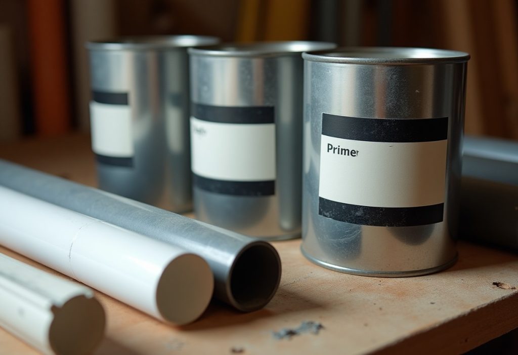 Cans of cement and primer beside PVC, CPVC, and ABS pipe sections